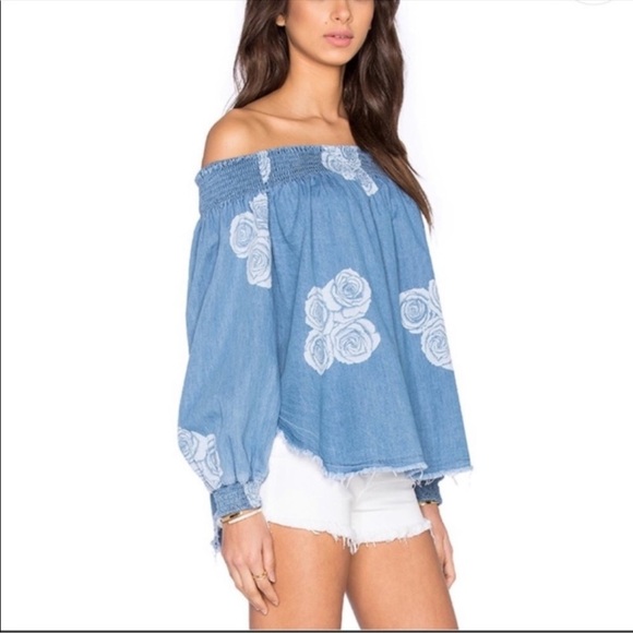 OnexONE TEASPOON Chambray Off the Shoulder Blue Denim Cotton Top - Picture 6 of 7